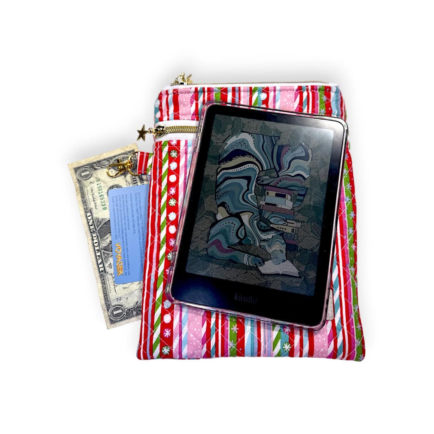 Quilted Kindle Sleeve 9.5×7 – Candy Cane Stripe – Peppermint Lane Limited Edition Holiday E-Reader Case – Slip Pocket + Zipper Pocket
