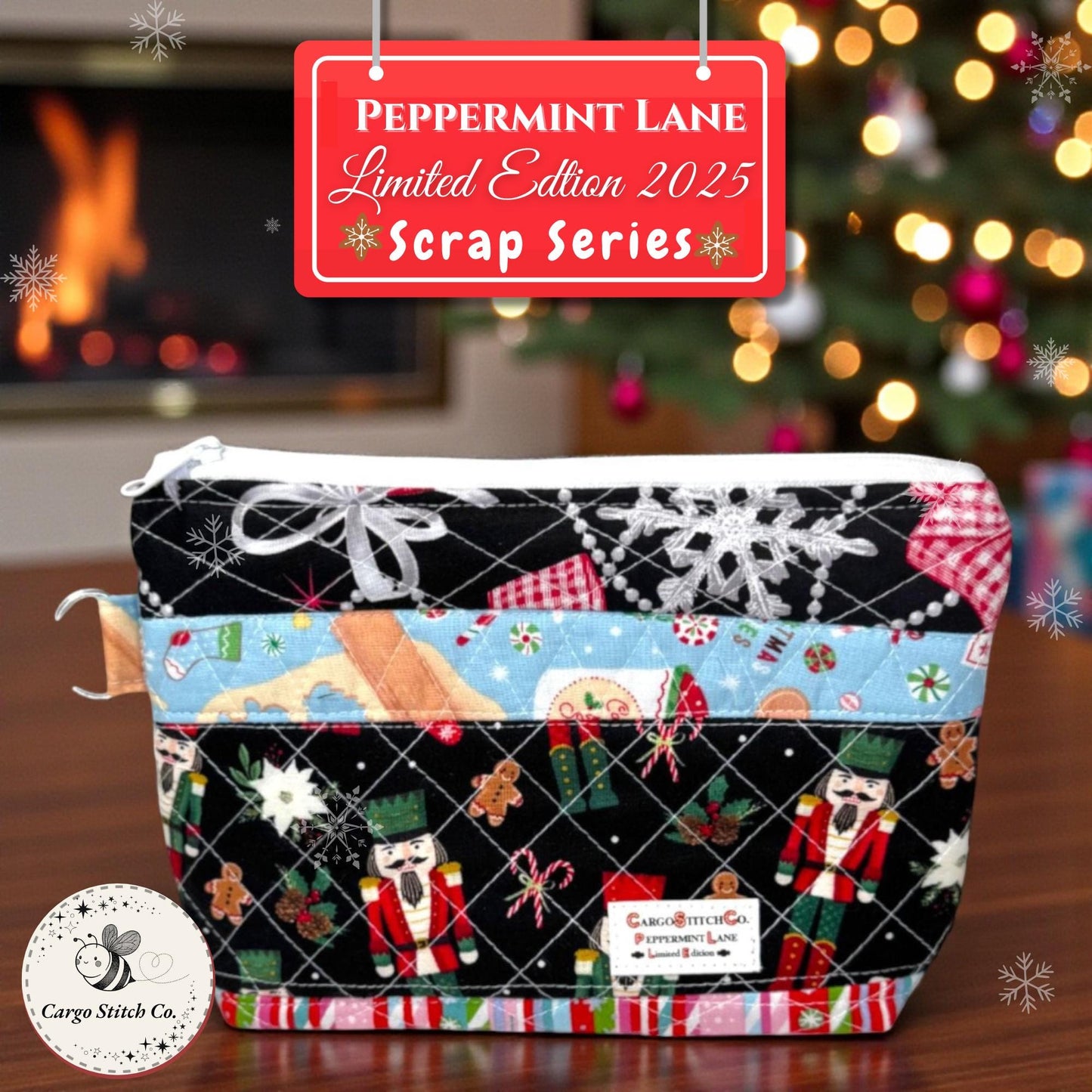 Quilted Holiday Organizer 8.5×6.5 – Peppermint Lane Limited Edition Pouch – 3 Interior Pockets, Stocking Stuffer – Christmas Gift for Her