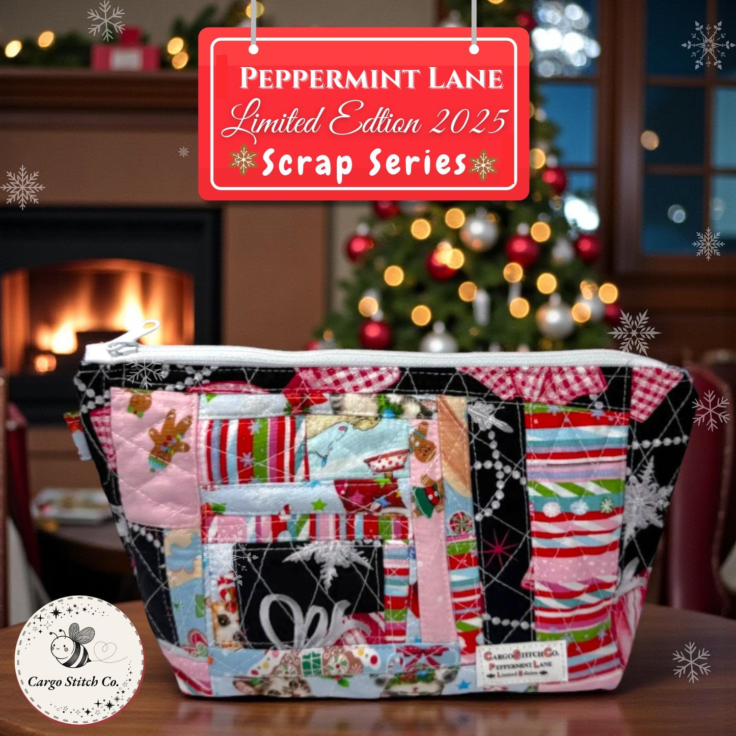 Quilted Patchwork Pouch 10×7.5 – Peppermint Lane Holiday Bag – Boxed Bottom, Inside Pocket & Swivel Hook – Limited Edition