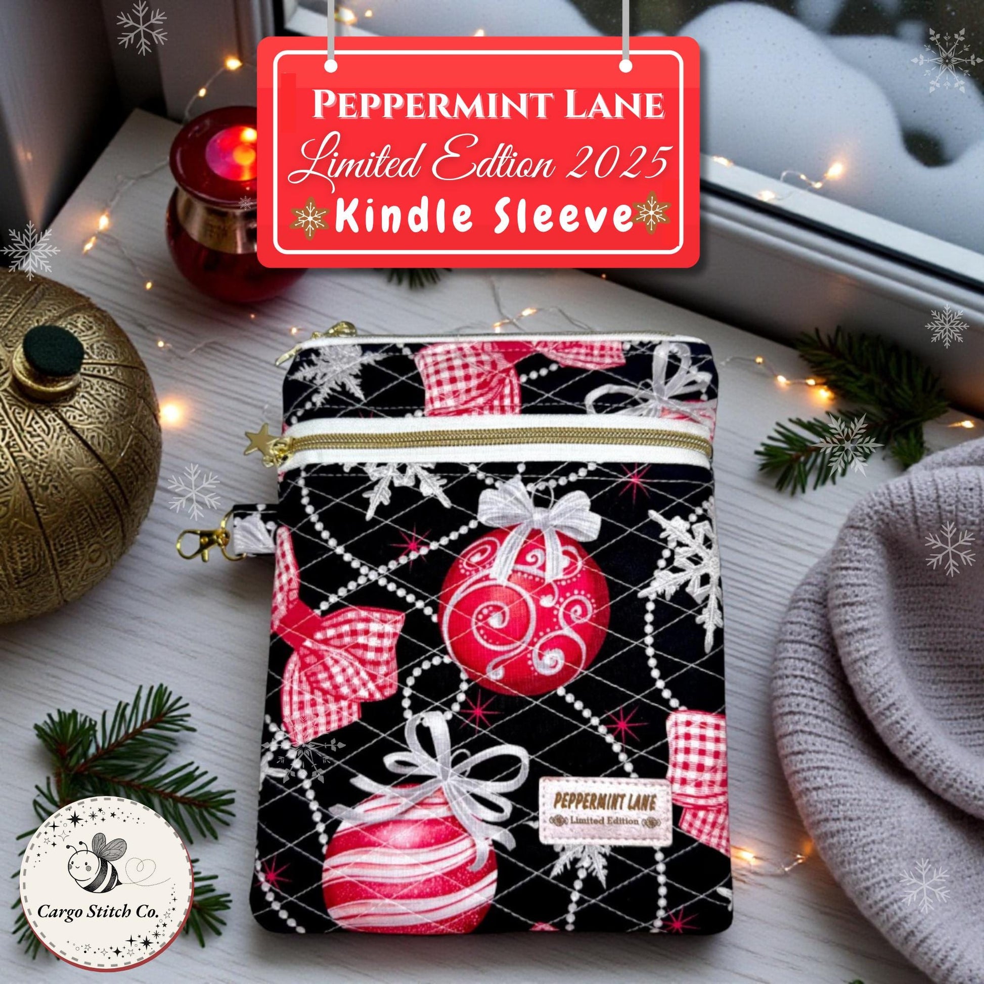 Quilted Kindle Sleeve 9.5×7 – Ornament Print – Peppermint Lane Limited Edition E-Reader Case – Zipper Pocket + Gold Hardware