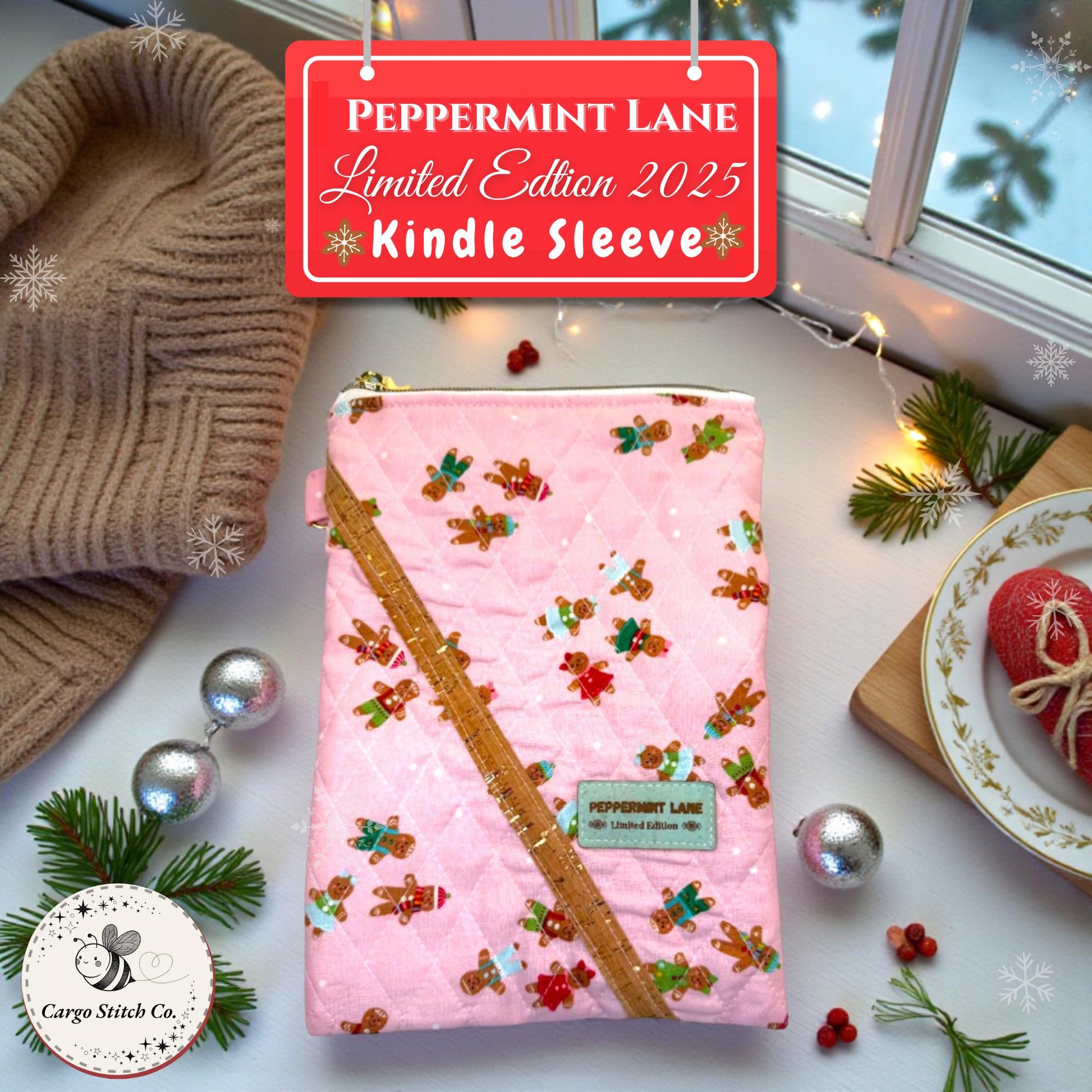 Pink Gingerbread Kindle Sleeve – 7x10 Quilted iPad Mini Case – Gold Zipper – Interior Pocket – Padded Tablet Cover