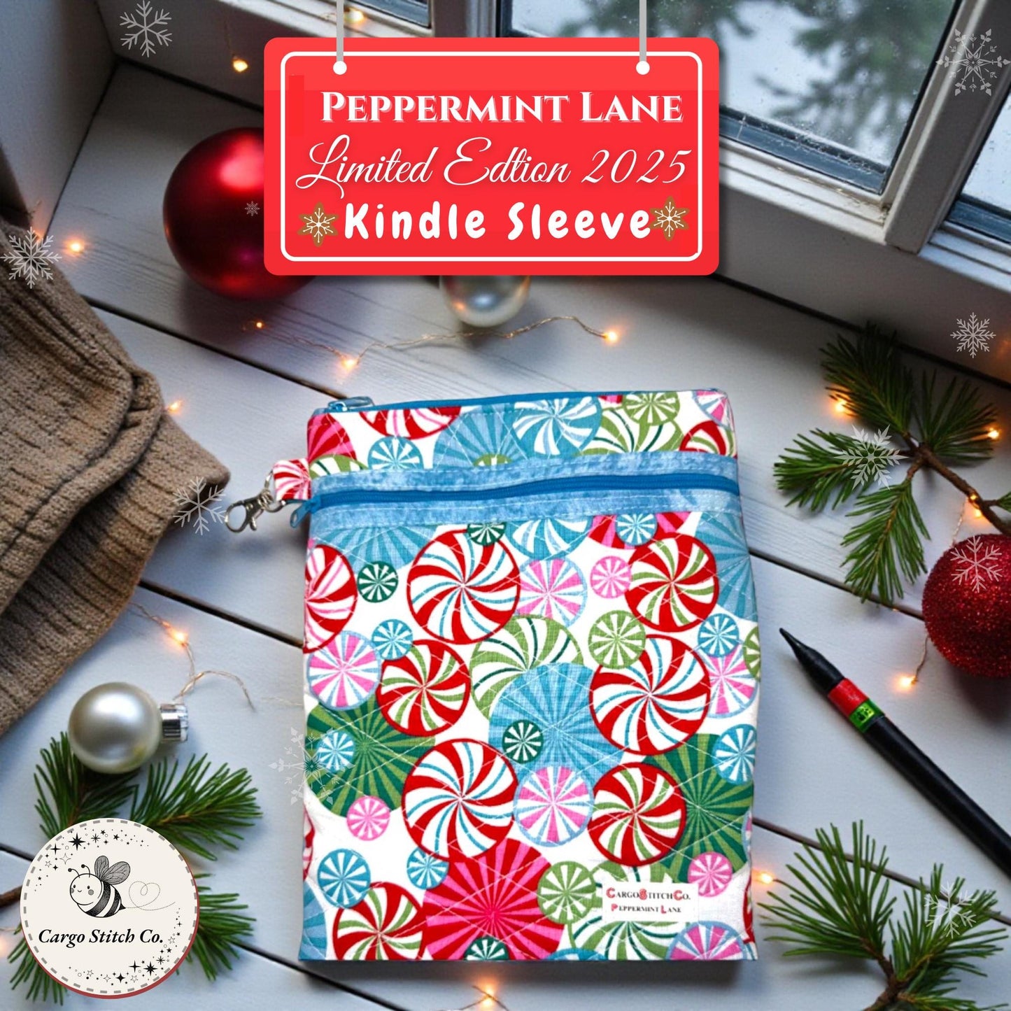 Quilted Kindle Sleeve 7×9.5 – Peppermint Lane Holiday E-Reader Cover – Padded Tablet Case with Zipper Pocket