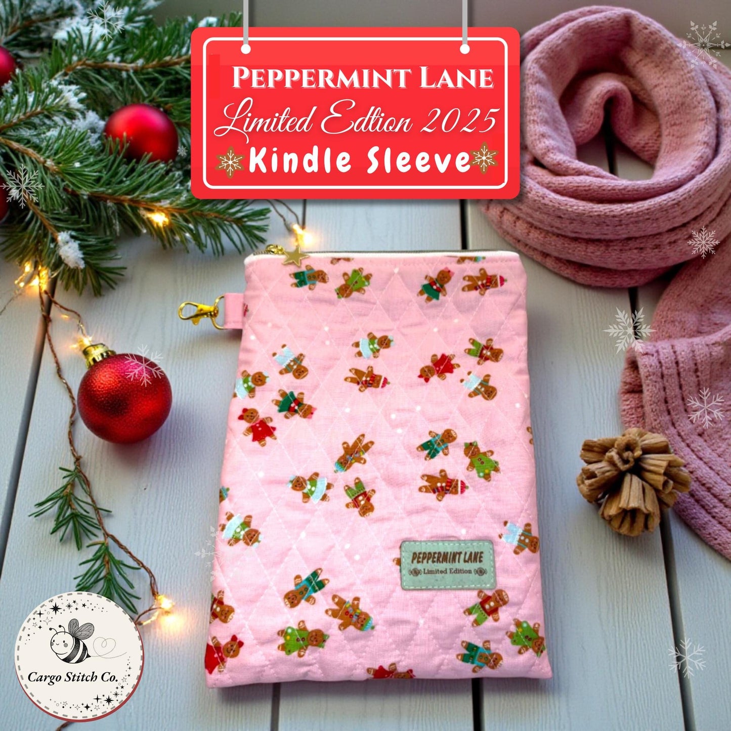 Quilted Tablet Sleeve 7×10 – Pink Gingerbread – Peppermint Lane – Padded iPad Mini & Kindle Case with Gold Zipper Interior Pocket