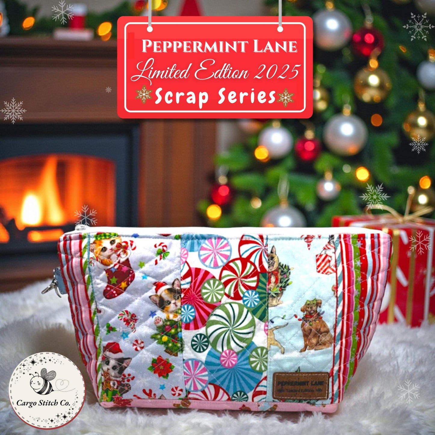 Large Quilted Patchwork Pouch 12×8 – Peppermint Lane – Cats Dogs Holiday Bag – Boxed Bottom, Inside Pocket, Swivel Hook – Craft Project Bag