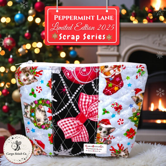 Quilted Pouch 8×6×2 – Holiday Cat Print – Peppermint Lane Limited Edition Bag – White Lights Lining – Boxed Bottom & Slip Pocket