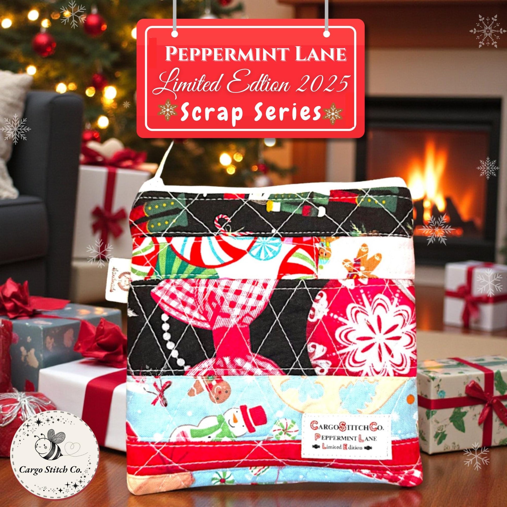 Peppermint Lane Christmas Patchwork Pouch – 5.5 x 5 Quilted Zipper Bag, Cat Holiday Mini Wallet, Scrappy Limited Edition Stocking Stuffer