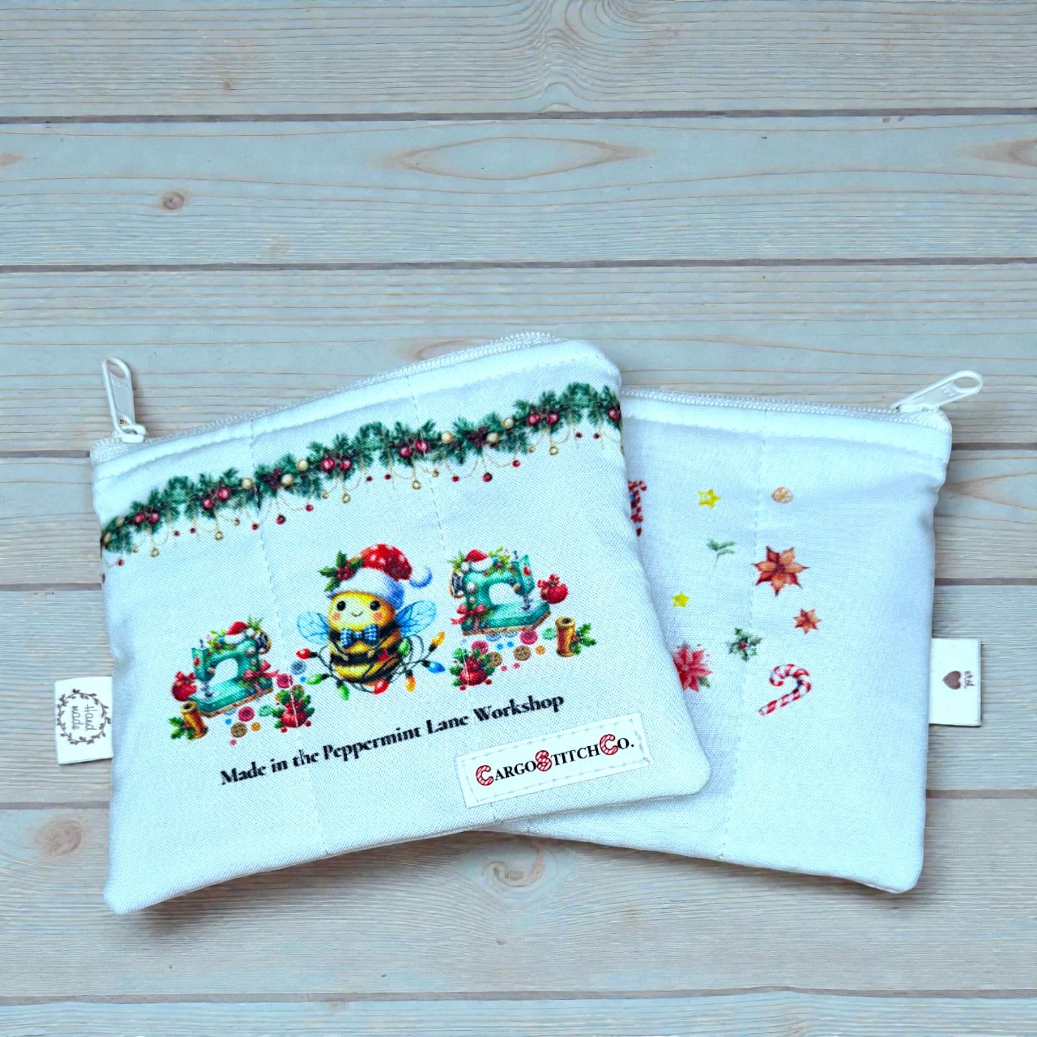 Stitch Quilted Zipper Bag • Peppermint Lane Cozy Bee Christmas Pouch • Handmade Gift • Small Holiday Bag • Stocking Stuffer