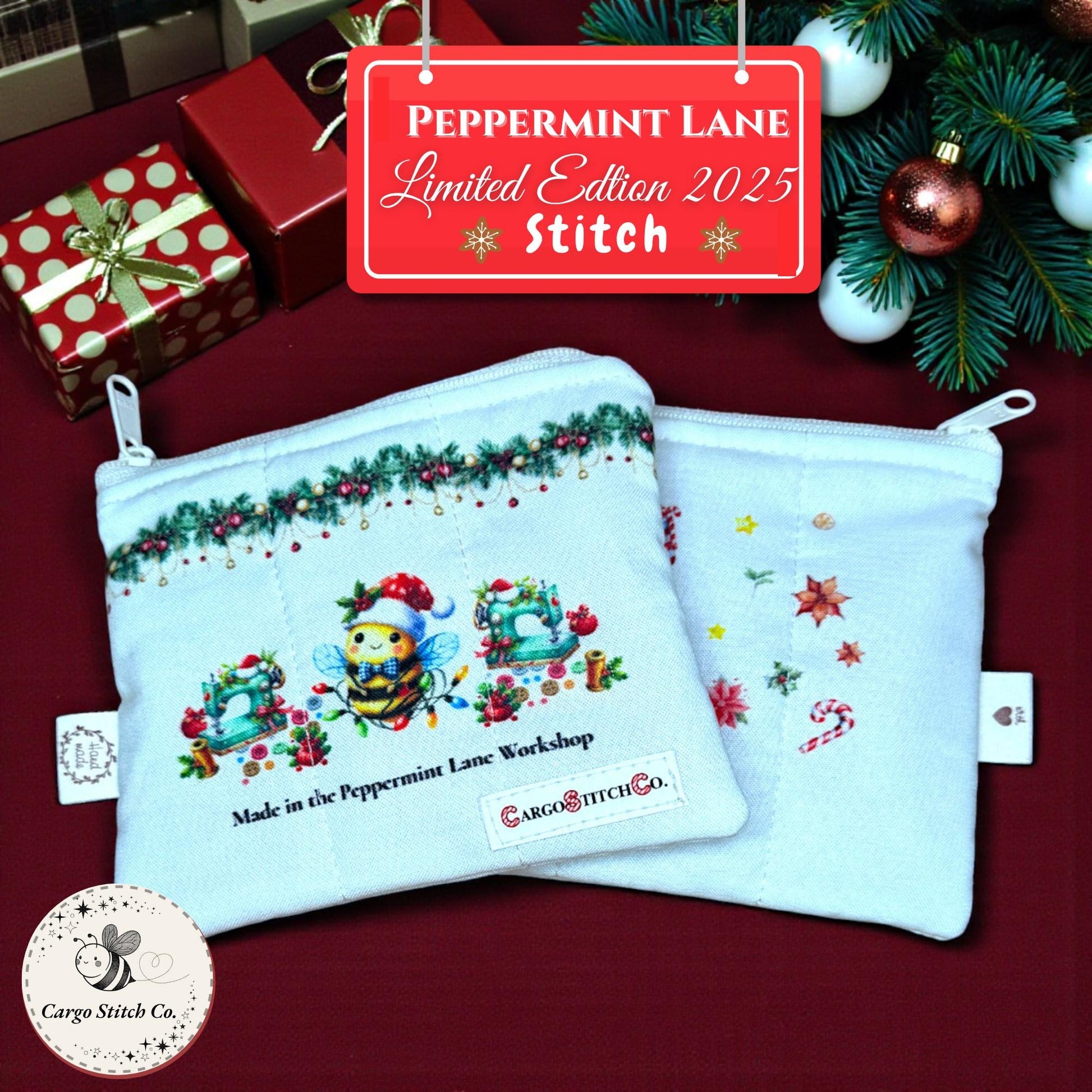 Stitch Quilted Zipper Bag • Peppermint Lane Cozy Bee Christmas Pouch • Handmade Gift • Small Holiday Bag • Stocking Stuffer