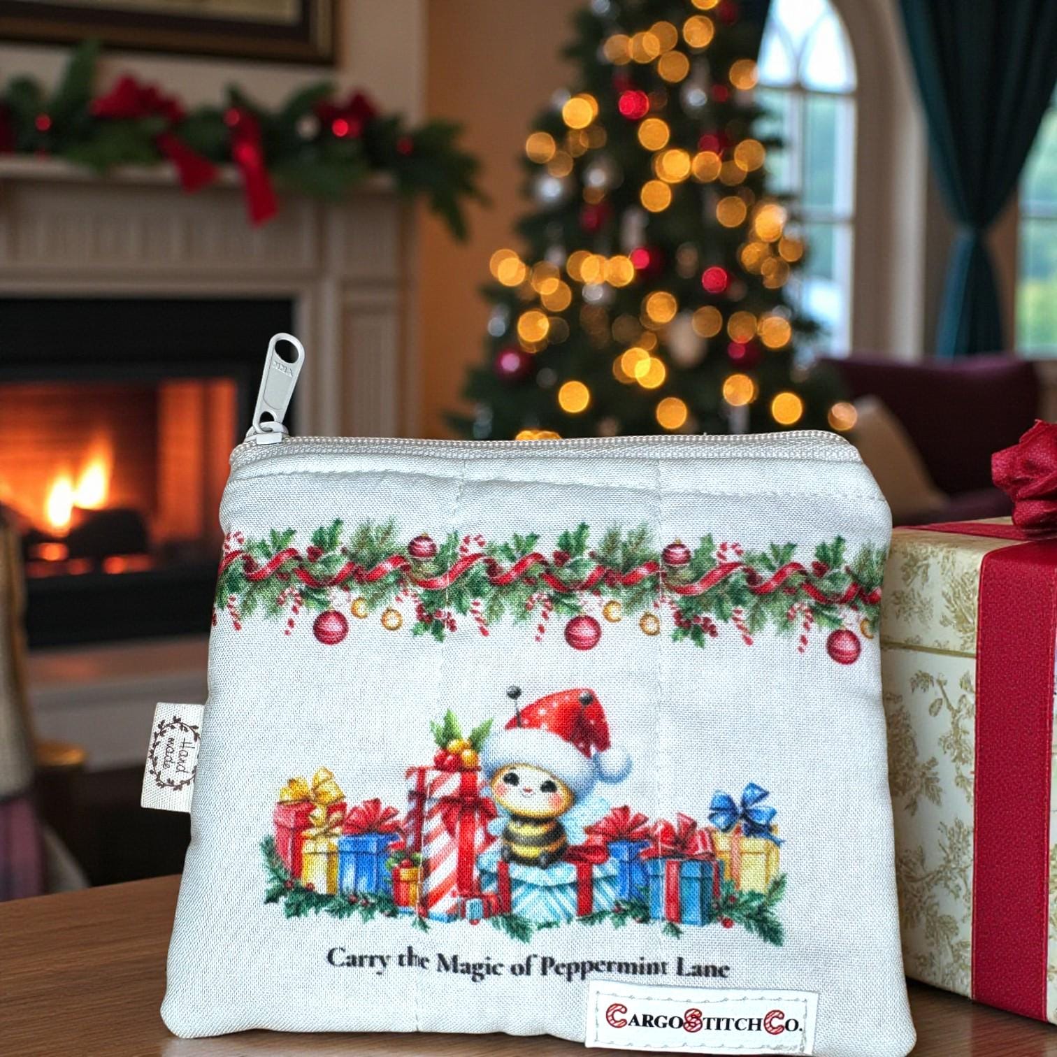 Stitch Quilted Zipper Bag • Peppermint Lane Cozy Bee Christmas Pouch • Handmade Gift • Small Holiday Bag • Stocking Stuffer