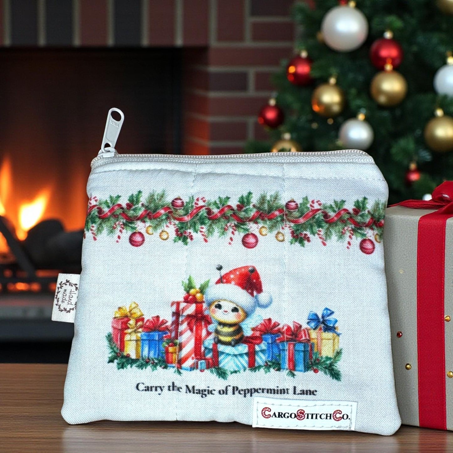 Stitch Quilted Zipper Bag • Peppermint Lane Cozy Bee Christmas Pouch • Handmade Gift • Small Holiday Bag • Stocking Stuffer