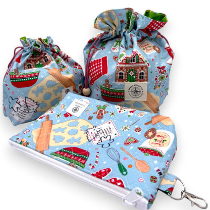 Gingerbread Christmas Gift Bag Set | 3 Piece Quilted Holiday Bundle | Drawstring Bags & Zipper Pouch | Peppermint Lane
