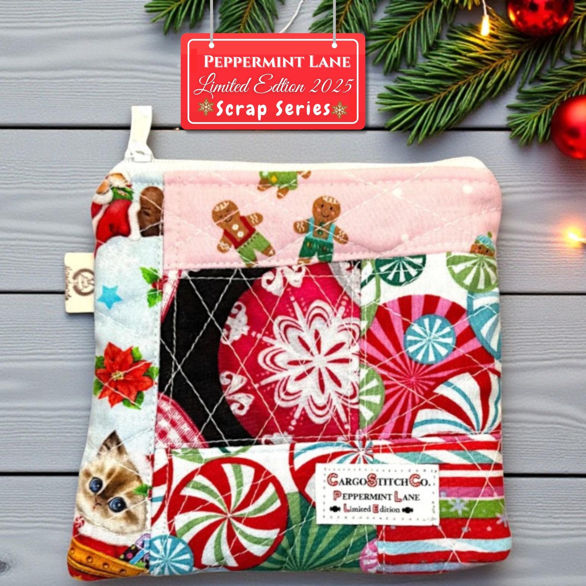 Peppermint Lane Christmas Patchwork Pouch – 5.5 x 5 Quilted Zipper Bag, Gingerbread Mini Wallet, Scrappy Limited Edition Stocking Stuffer