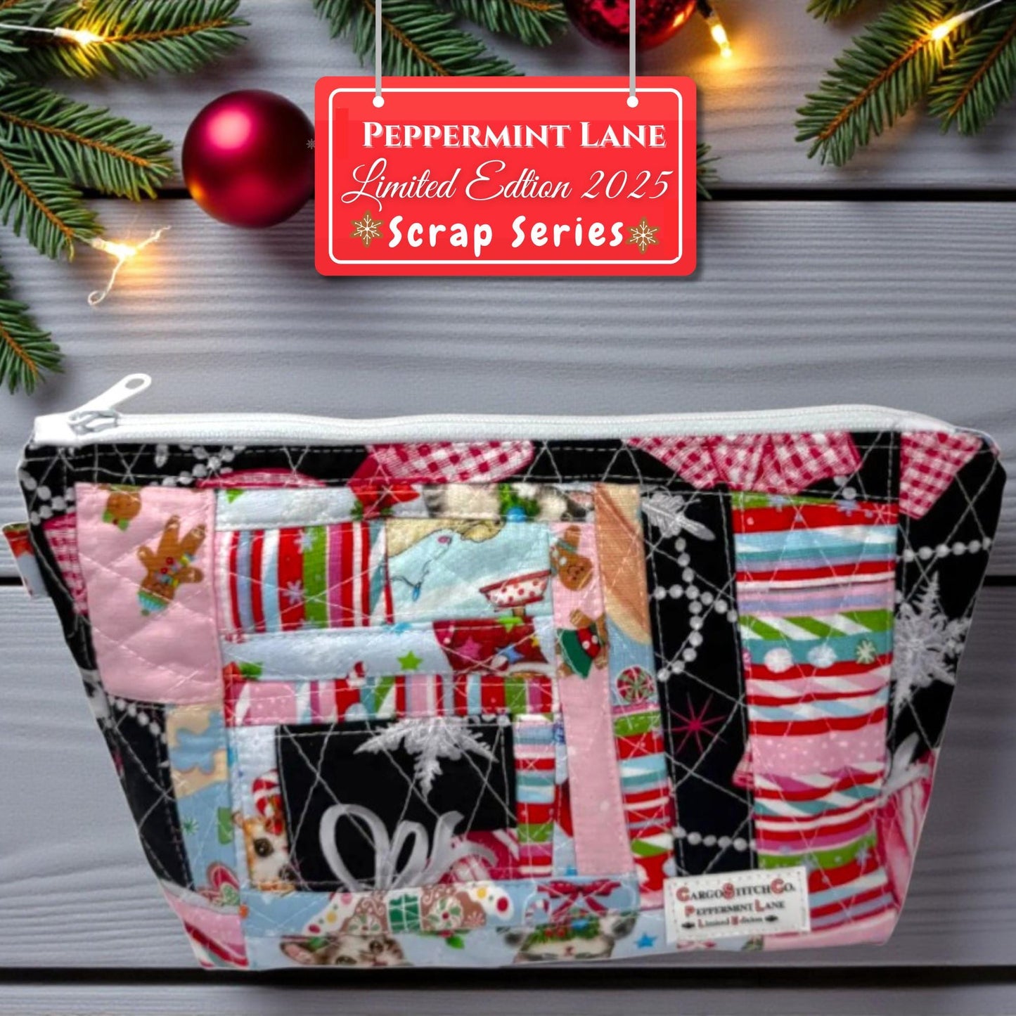 Quilted Patchwork Pouch 10×7.5 – Peppermint Lane Holiday Bag – Boxed Bottom, Inside Pocket & Swivel Hook – Limited Edition