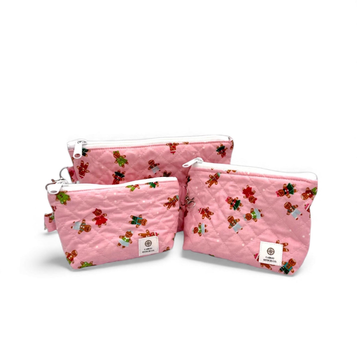 Pink Gingerbread Quilted Pouch Set | 3 Piece Christmas Zipper Pouch Set | Makeup Cosmetic Travel Bags | Peppermint Lane