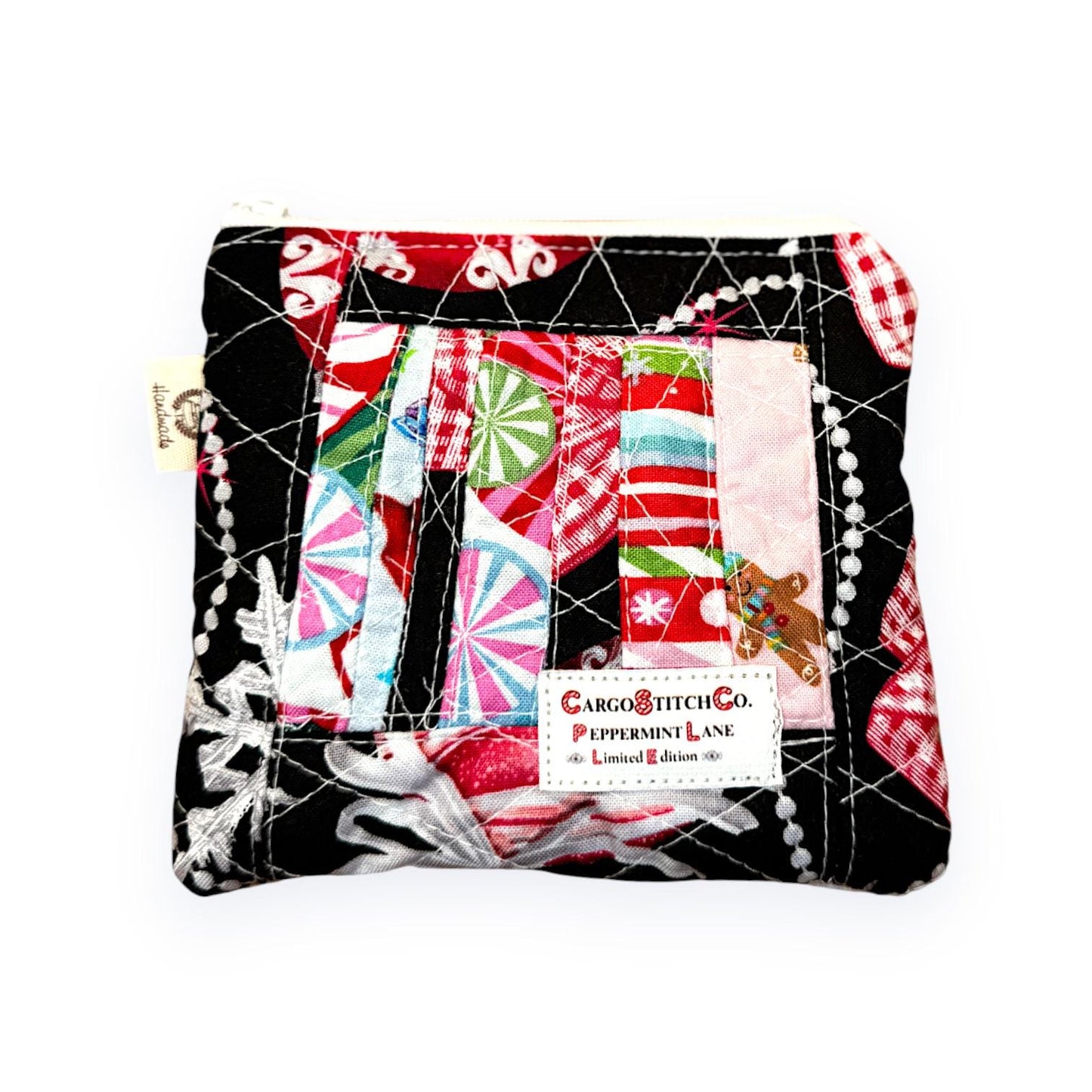 Christmas Patchwork Pouch – 5x4 Quilted Zipper Bag, Cat Holiday Mini Wallet, Scrappy Limited Edition Stocking Stuffer, Coin Purse