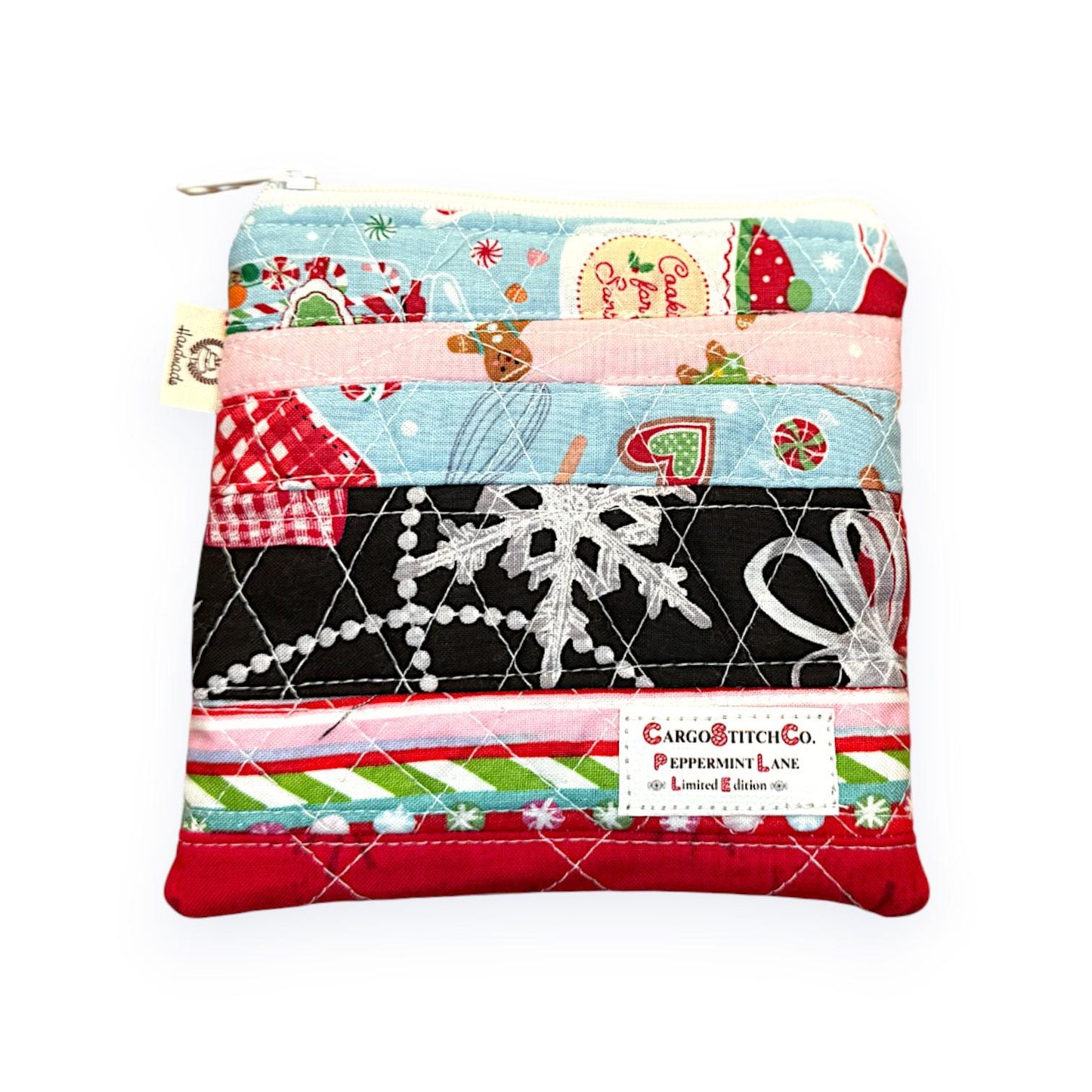 Mini Christmas Patchwork Pouch – 5.5 x 5 Quilted Zipper Bag, Cat Holiday Wallet, Scrappy Limited Edition Stocking Stuffer