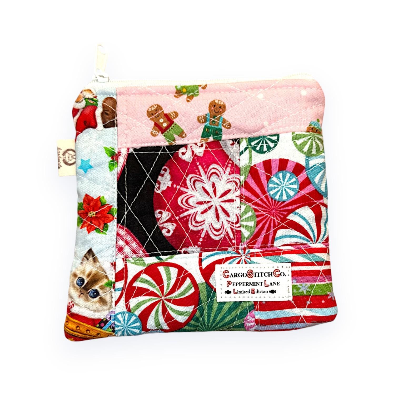 Peppermint Lane Christmas Patchwork Pouch – 5.5 x 5 Quilted Zipper Bag, Gingerbread Mini Wallet, Scrappy Limited Edition Stocking Stuffer