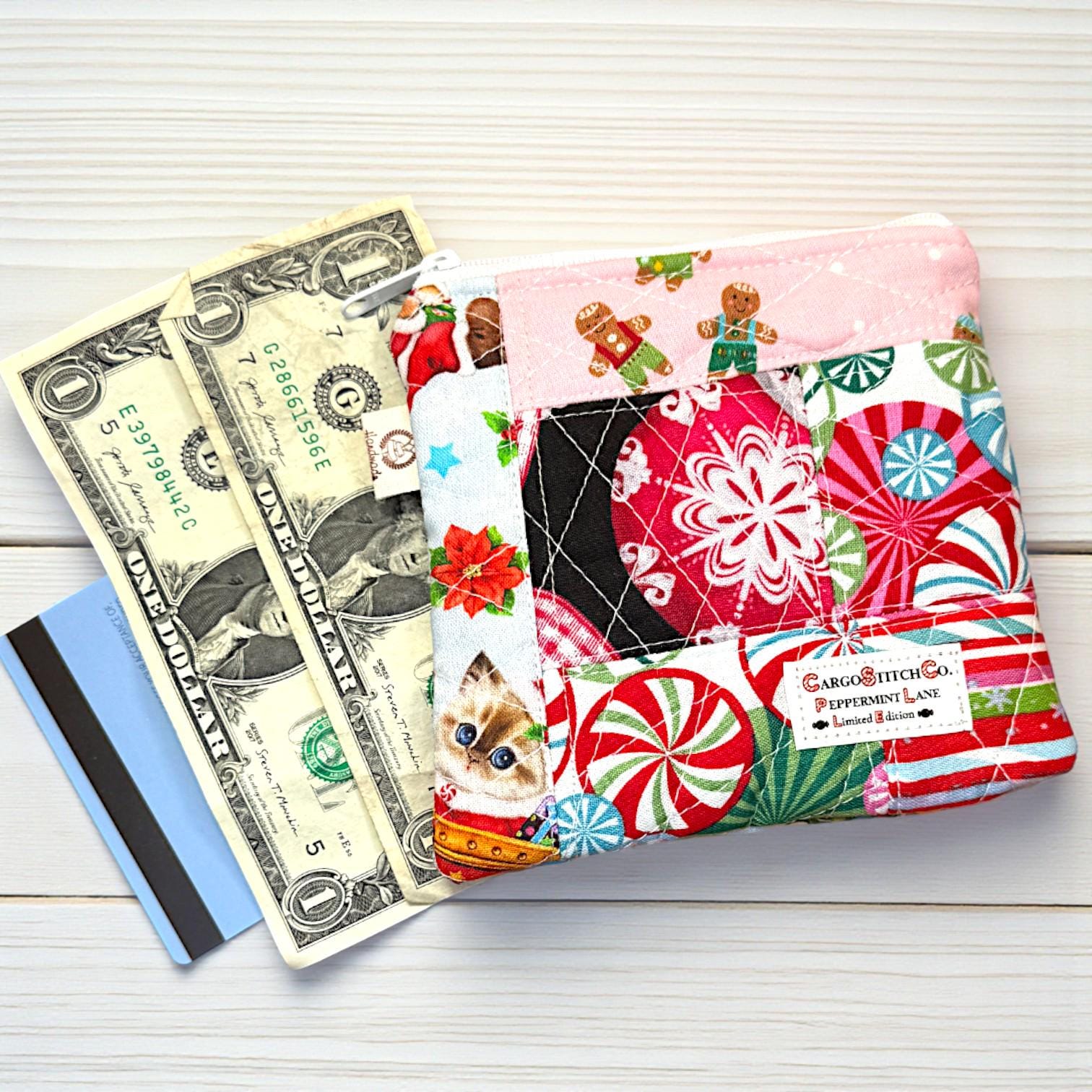 Peppermint Lane Christmas Patchwork Pouch – 5.5 x 5 Quilted Zipper Bag, Gingerbread Mini Wallet, Scrappy Limited Edition Stocking Stuffer