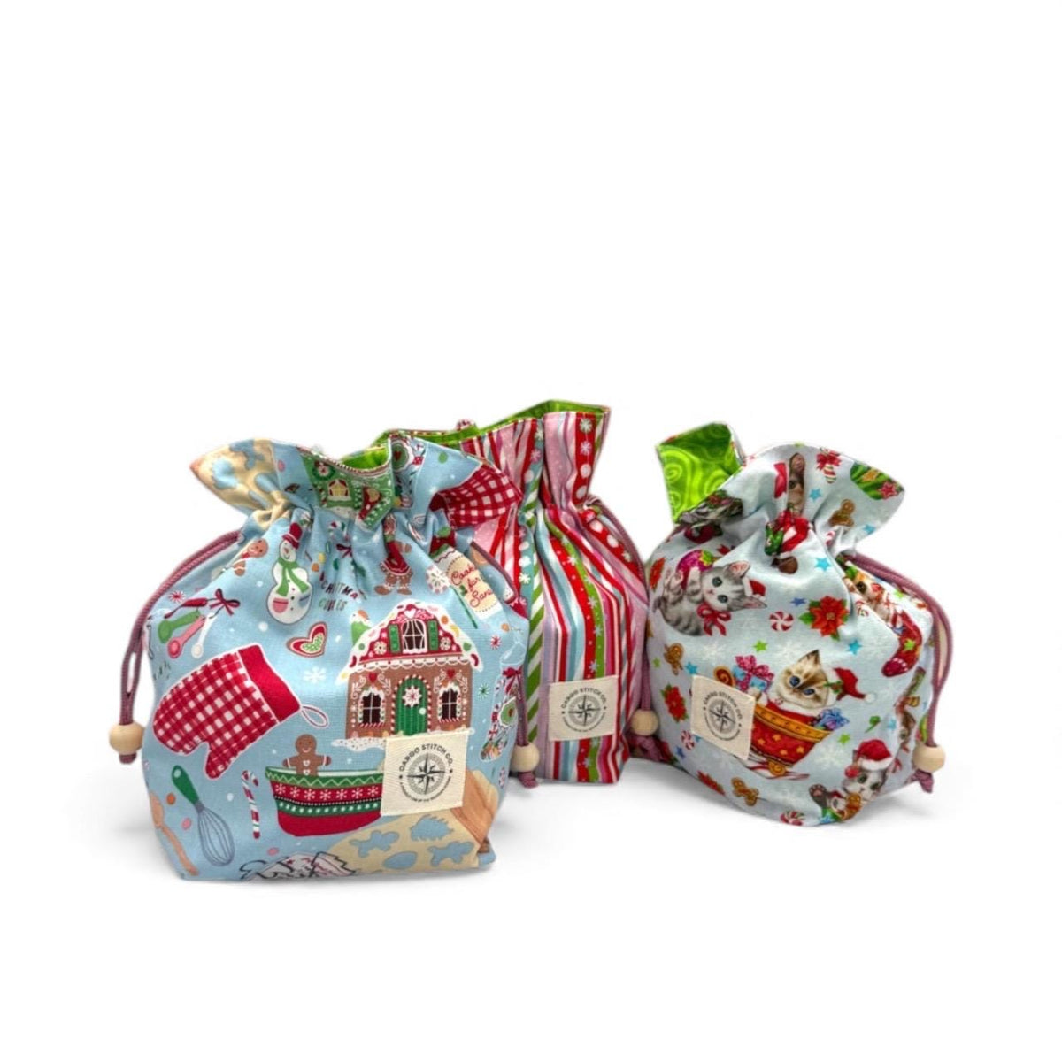 Christmas Drawstring Gift Bags Set of 3 | Reusable Fabric Gift Bags | Quilted Holiday Bags | Peppermint Lane