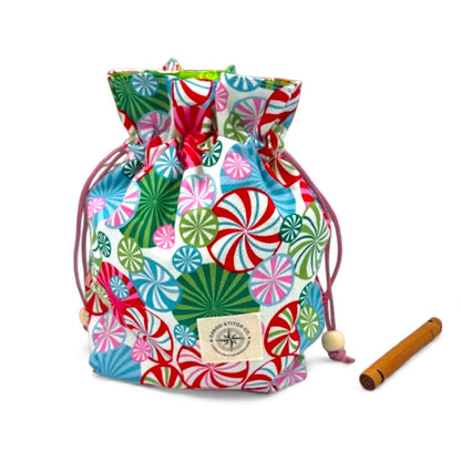 Christmas Drawstring Gift Bag, Handmade Fabric Pouch, Reusable Gift Bag, Stocking Stuffer, Peppermint Lane