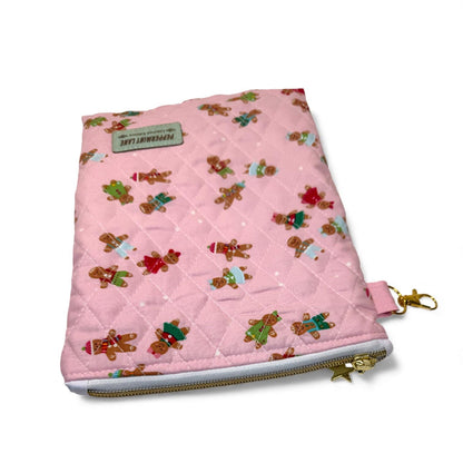 Pink Gingerbread Kindle Sleeve, Quilted E-Reader Case, iPad Mini Sleeve, Christmas Book Lover Gift, Peppermint Lane