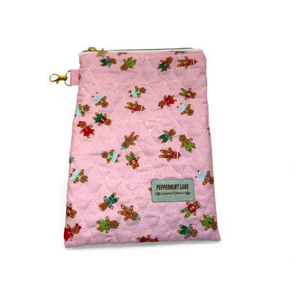 Pink Gingerbread Kindle Sleeve, Quilted E-Reader Case, iPad Mini Sleeve, Christmas Book Lover Gift, Peppermint Lane
