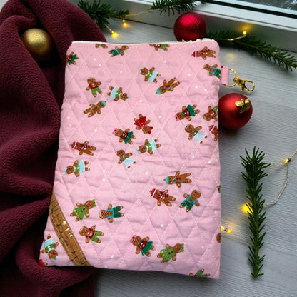 Pink Gingerbread Kindle Sleeve, Quilted E Reader Case, iPad Mini Sleeve, Christmas Book Sleeve, Peppermint Lane