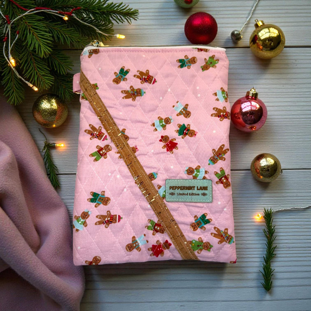 Pink Gingerbread Kindle Sleeve, Quilted E Reader Case, iPad Mini Sleeve, Christmas Book Sleeve, Peppermint Lane