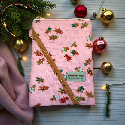 Pink Gingerbread Kindle Sleeve, Quilted E Reader Case, iPad Mini Sleeve, Christmas Book Sleeve, Peppermint Lane