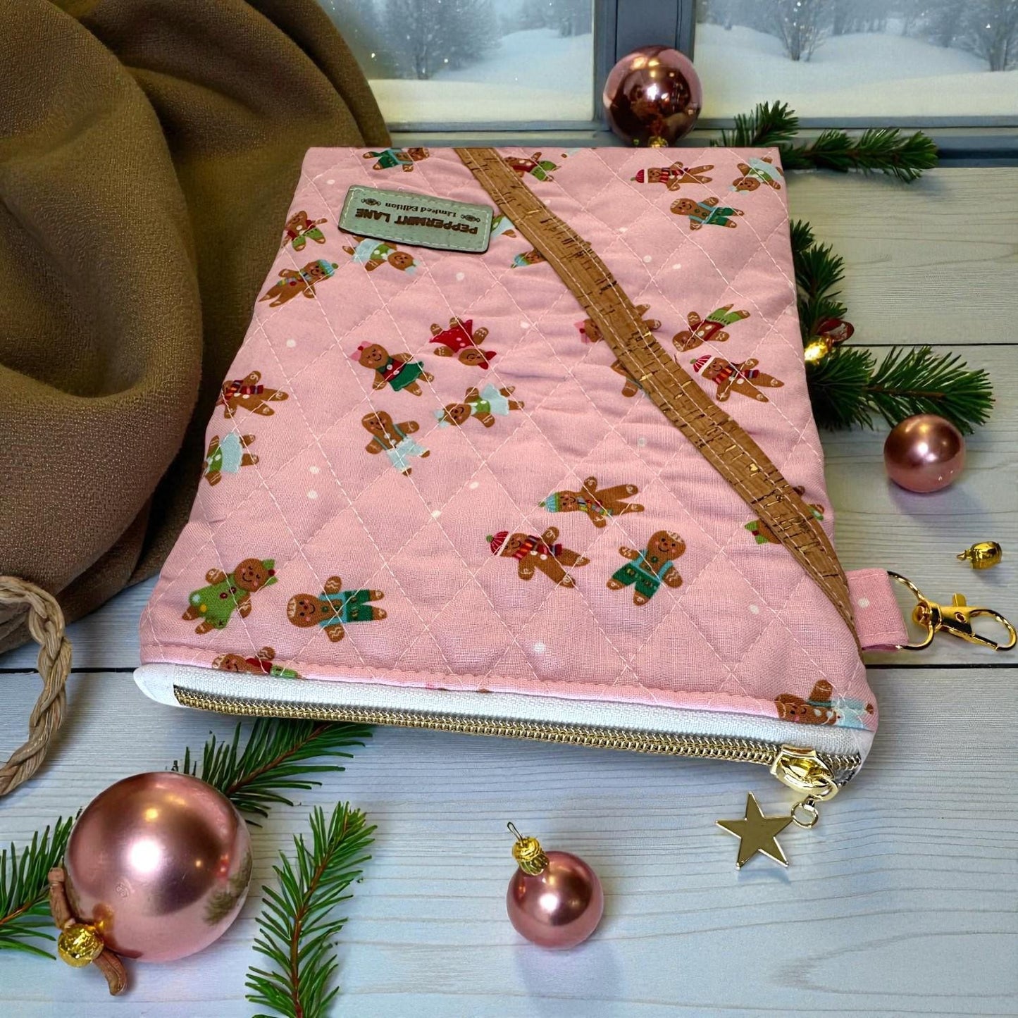 Pink Gingerbread Kindle Sleeve – 7x10 Quilted iPad Mini Case – Gold Zipper – Interior Pocket – Padded Tablet Cover