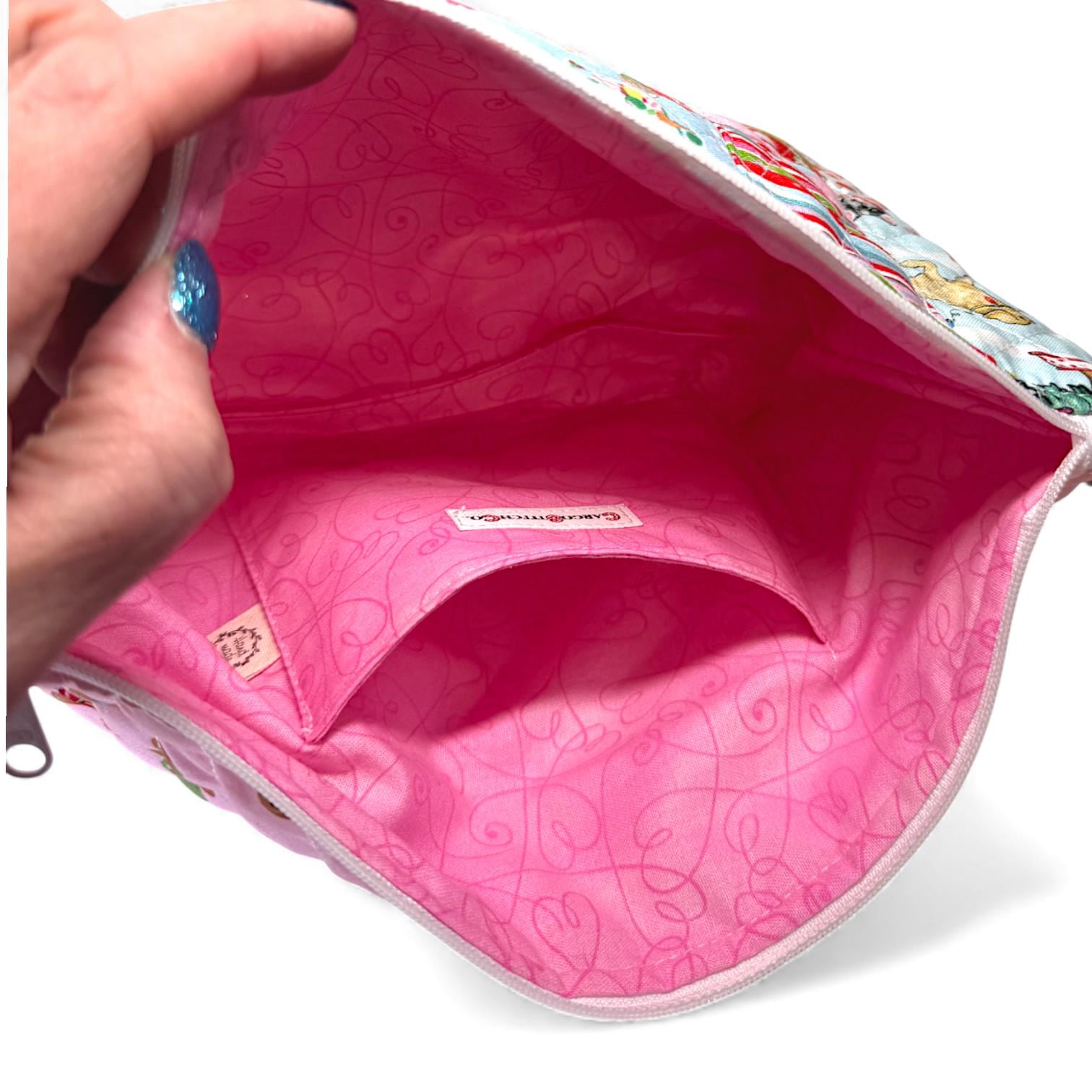 Large Quilted Patchwork Pouch 12×8 – Peppermint Lane – Holiday Bag with Inside Pocket & Swivel Hook – Knitting And Crochet Project Bag