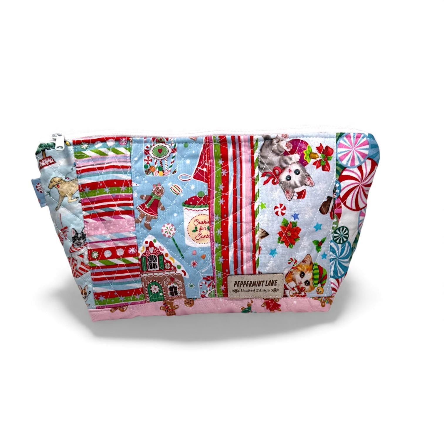 Large Quilted Patchwork Pouch 12×8 – Peppermint Lane – Holiday Bag with Inside Pocket & Swivel Hook – Knitting And Crochet Project Bag