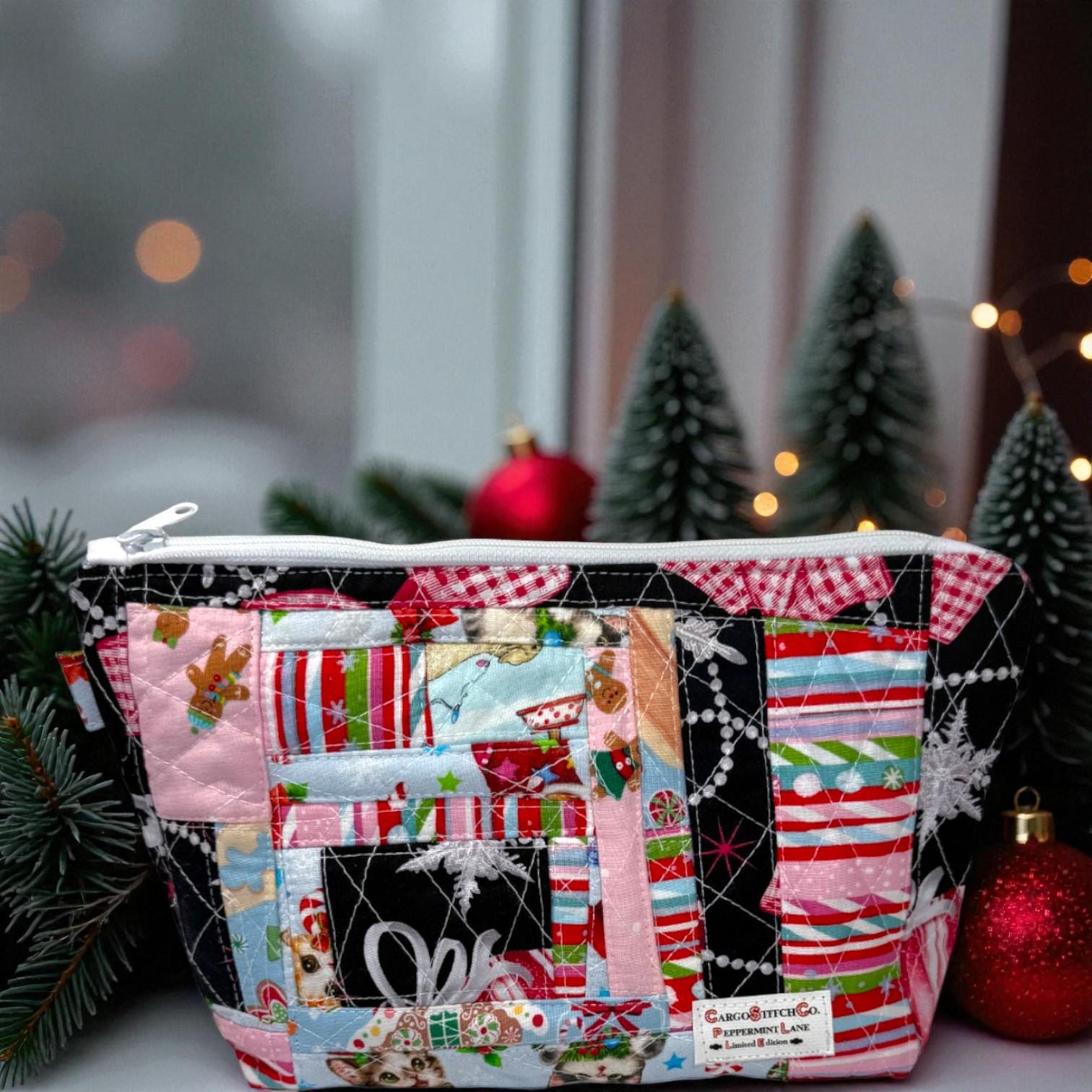 Quilted Patchwork Pouch 10×7.5 – Peppermint Lane Holiday Bag – Boxed Bottom, Inside Pocket & Swivel Hook – Limited Edition