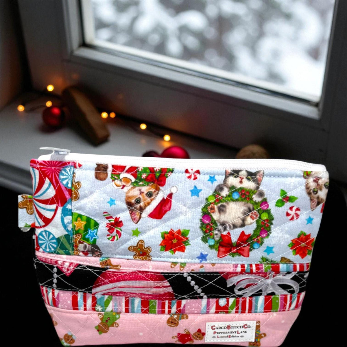 Peppermint Lane Quilted Christmas Pouch, Holiday Cat Zipper Bag, Handmade Makeup & Project Bag, Limited Edition