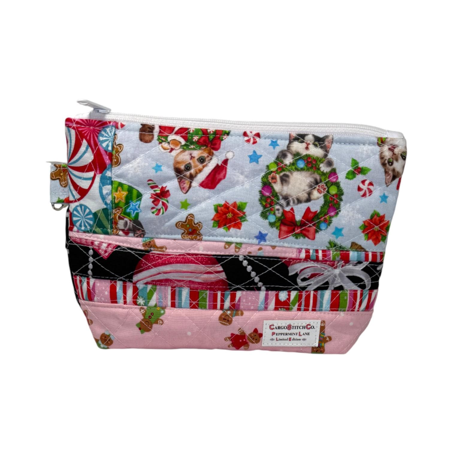 Quilted Makeup Pouch – 8x6 Zipper Bag with Pink Lining & Pocket – Holiday Organizer – Peppermint Lane Limited Edition