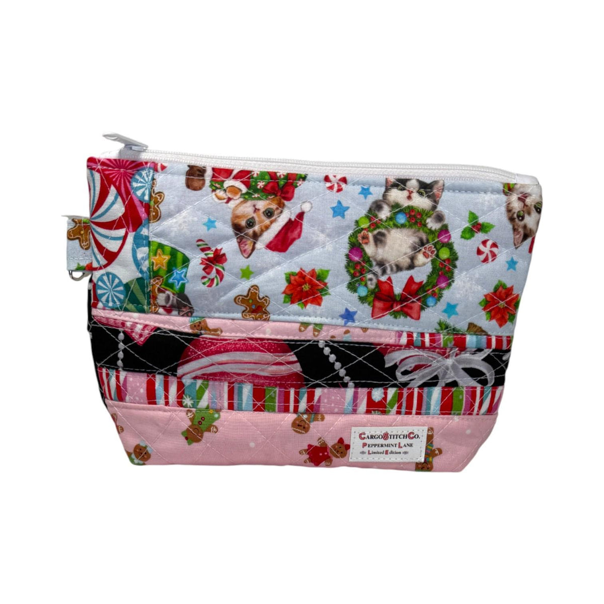Peppermint Lane Quilted Christmas Pouch, Holiday Cat Zipper Bag, Handmade Makeup & Project Bag, Limited Edition