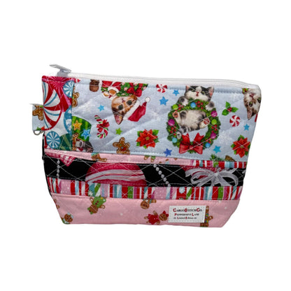 Peppermint Lane Quilted Christmas Pouch, Holiday Cat Zipper Bag, Handmade Makeup & Project Bag, Limited Edition