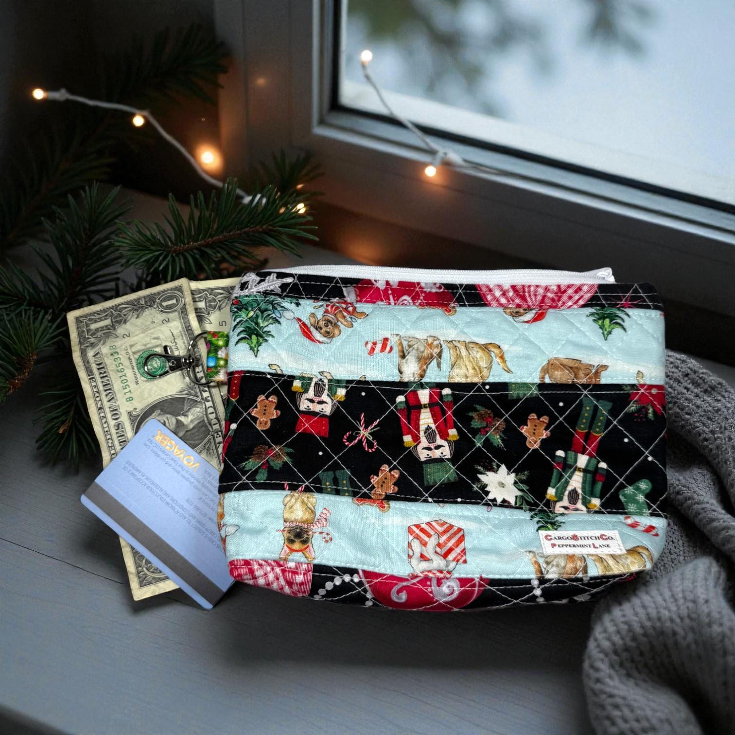 Quilted Patchwork Pouch – 8.5x7 Quilted Holiday Bag, Teacher Gift, Slip Pocket & Swivel Clip – Peppermint Lane Limited Edition