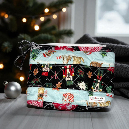 Quilted Patchwork Pouch – 8.5x7 Quilted Holiday Bag, Teacher Gift, Slip Pocket & Swivel Clip – Peppermint Lane Limited Edition