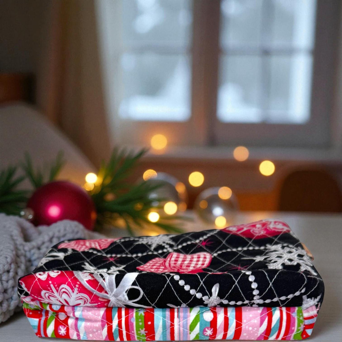 Christmas Patchwork Zipper Pouch, Quilted Organizer Bag with Pockets, Handmade Christmas Gift, Peppermint Lane