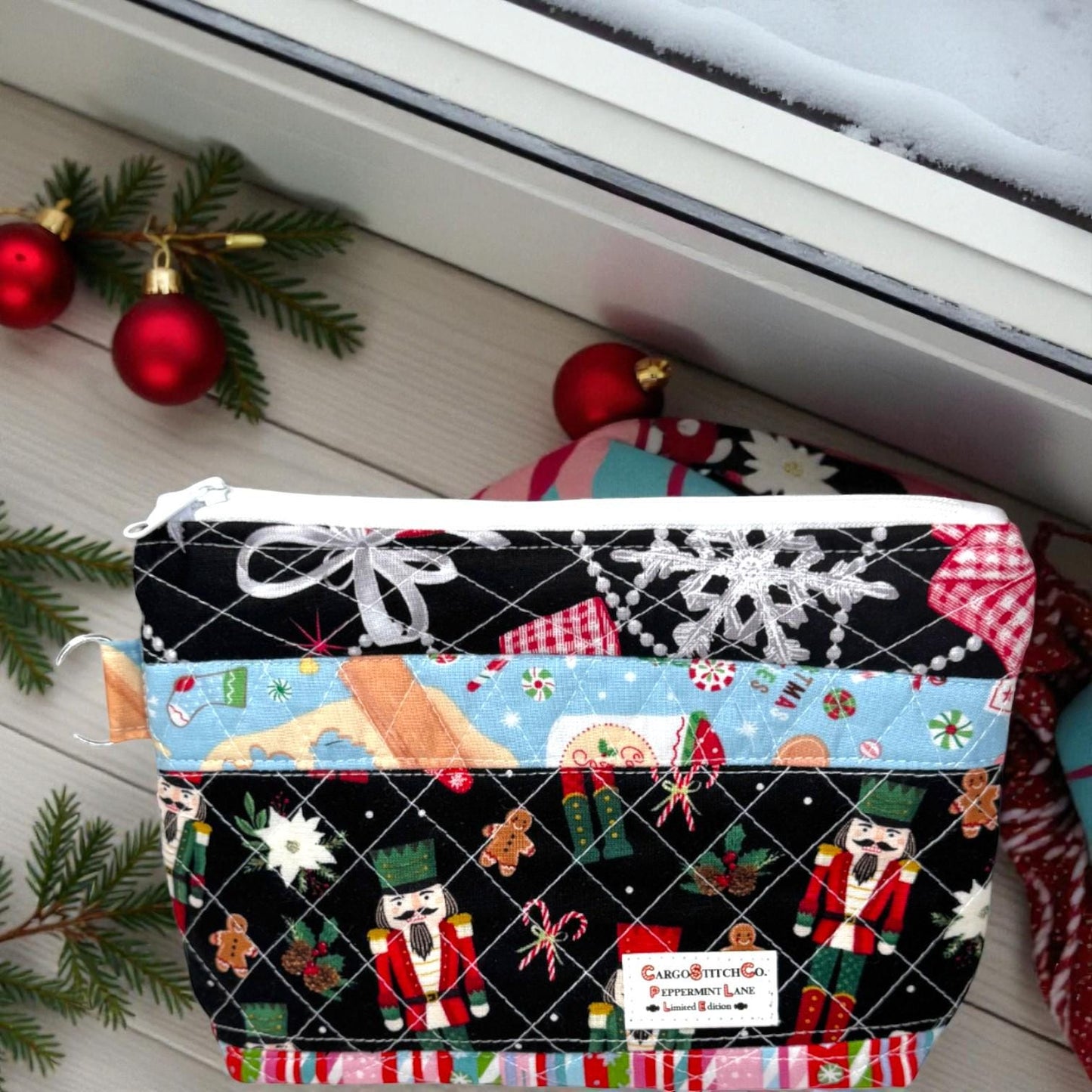 Quilted Holiday Organizer 8.5×6.5 – Peppermint Lane Limited Edition Pouch – 3 Interior Pockets, Stocking Stuffer – Christmas Gift for Her