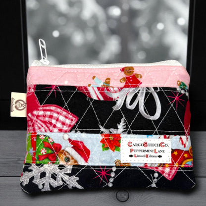 Christmas Patchwork Zipper Pouch, Quilted Mini Pouch, Handmade Stocking Stuffer, Peppermint Lane Scrap Series