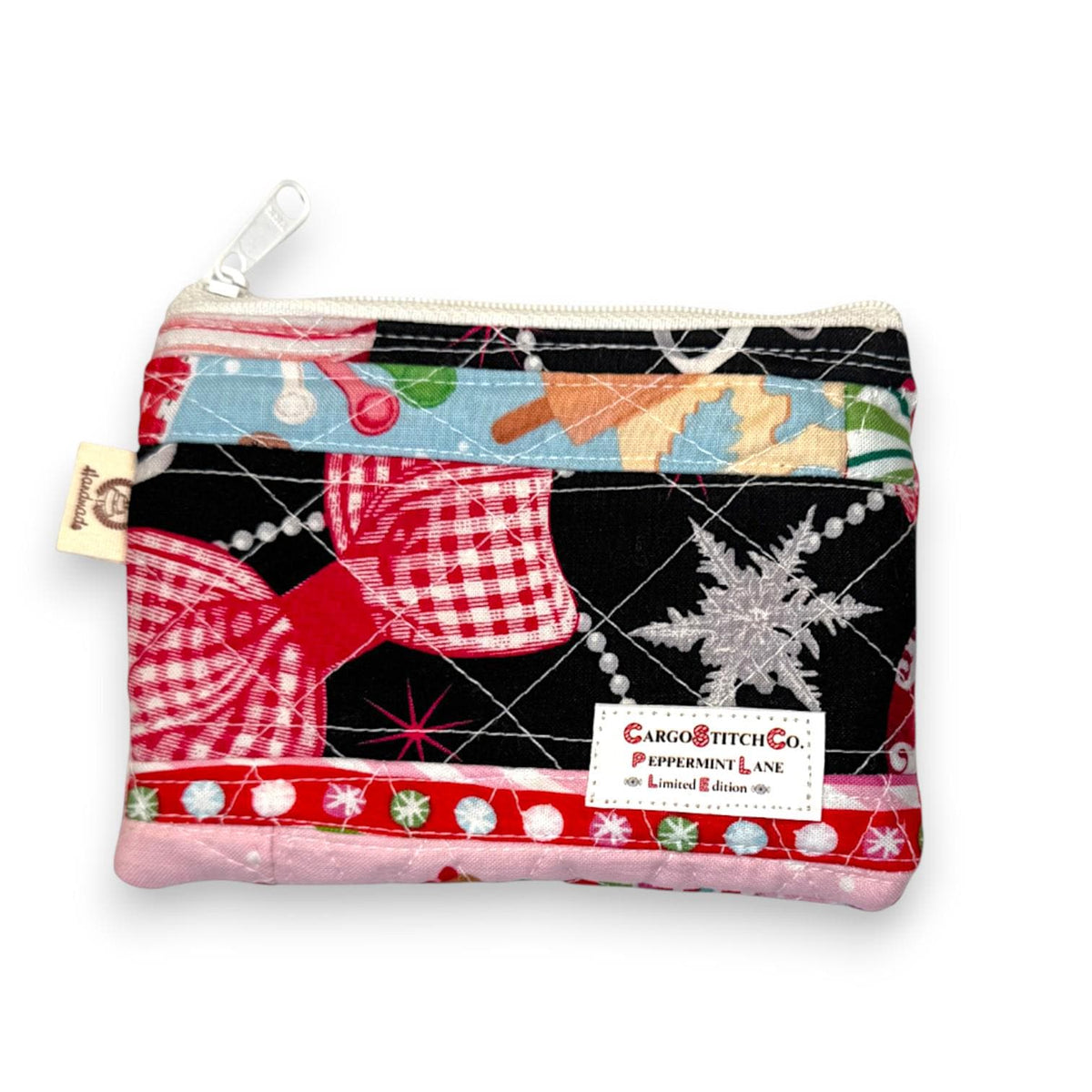 Peppermint Lane Mini Quilted Zipper Pouch, Christmas Patchwork Coin Purse, Gift Card Holder, Stocking Stuffer