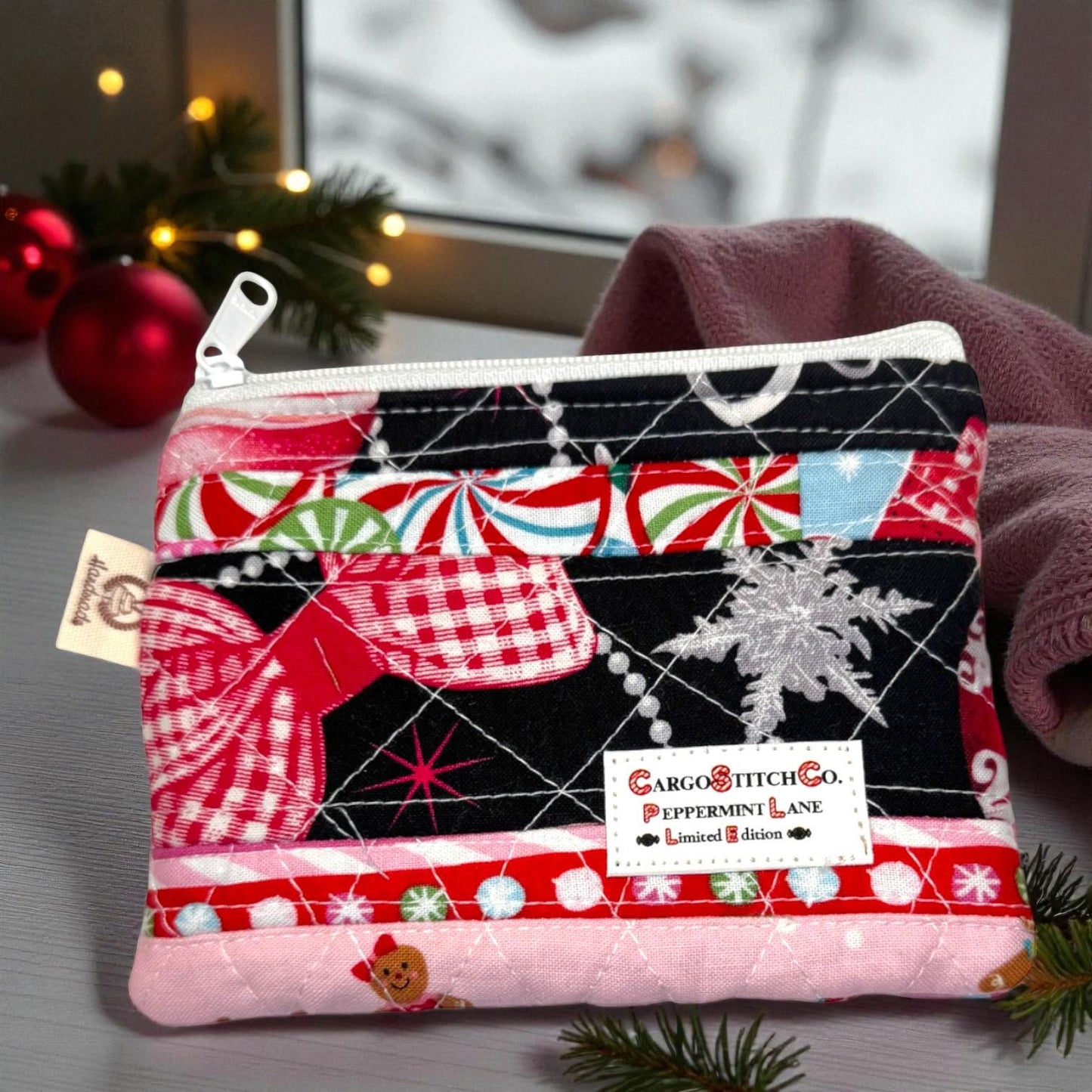 Mini Quilted Coin Pouch – 5x4 Patchwork Holiday Coin Purse, Card Holder & Cash Wallet – Peppermint Lane Limited Edition