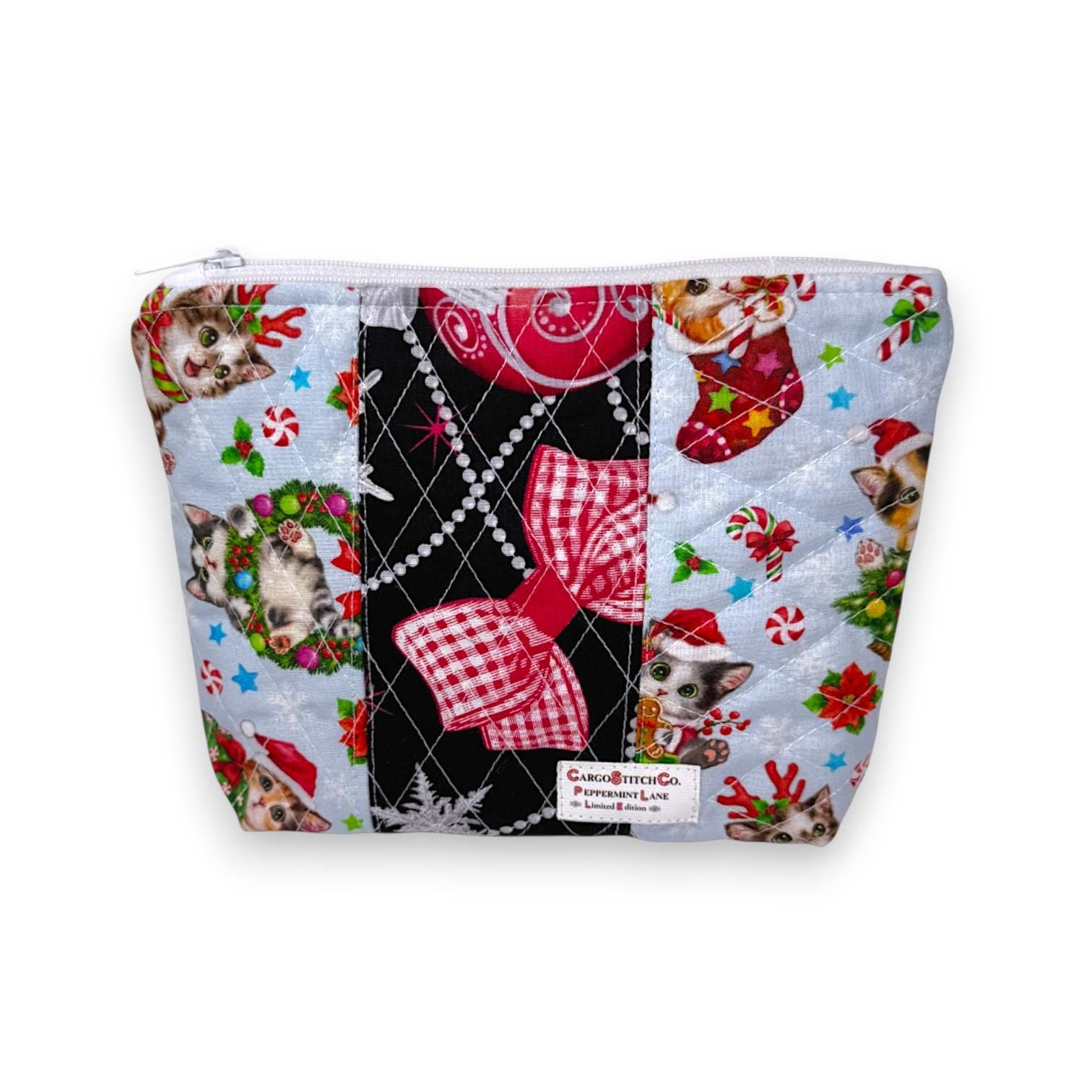 Quilted Pouch 8×6×2 – Holiday Cat Print – Peppermint Lane Limited Edition Bag – White Lights Lining – Boxed Bottom & Slip Pocket