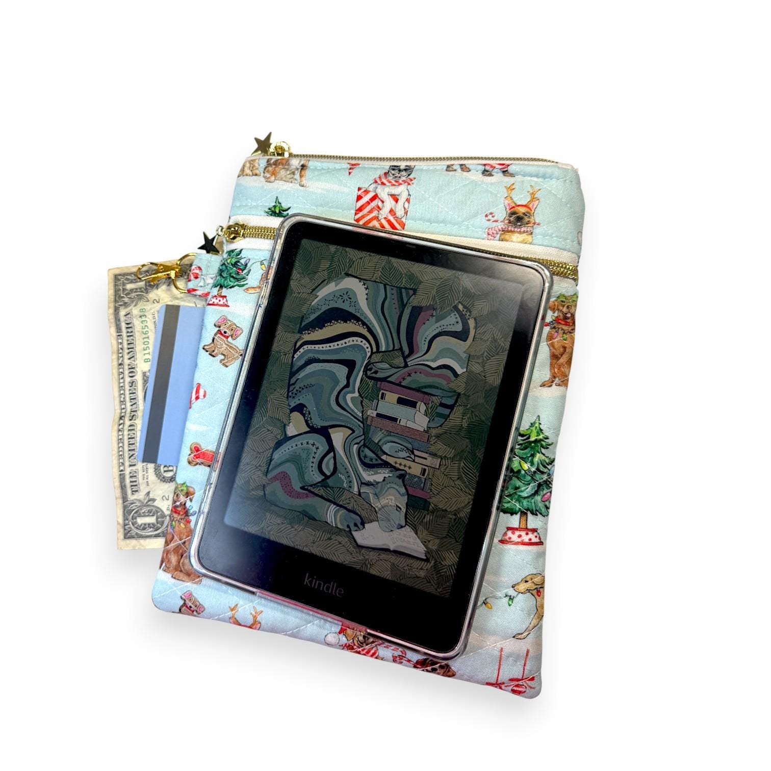 Quilted Kindle Sleeve 9.5×7 – Holiday Dogs – Peppermint Lane Limited Edition E-Reader Case – Slip Pocket + Zipper Pocket – Gold Hardware
