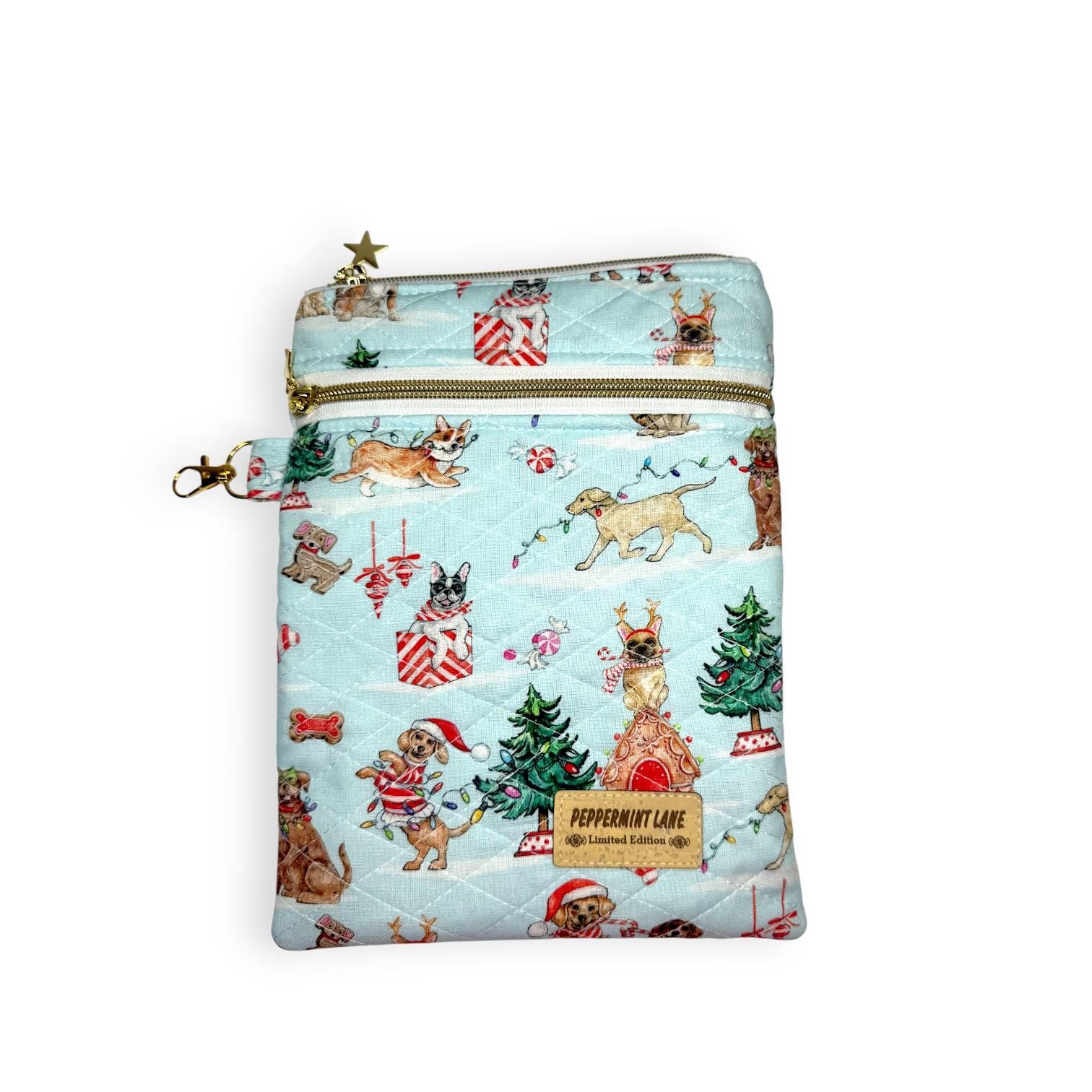 Quilted Kindle Sleeve 9.5×7 – Holiday Dogs – Peppermint Lane Limited Edition E-Reader Case – Slip Pocket + Zipper Pocket – Gold Hardware