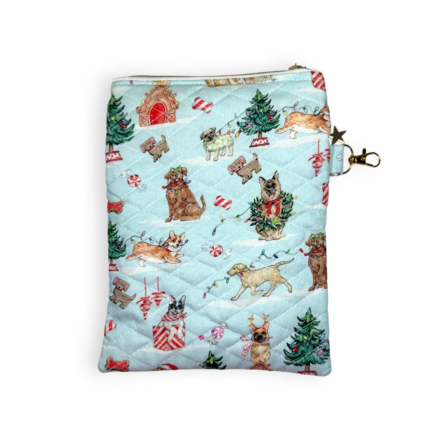 Quilted Kindle Sleeve 9.5×7 – Holiday Dogs – Peppermint Lane Limited Edition E-Reader Case – Slip Pocket + Zipper Pocket – Gold Hardware