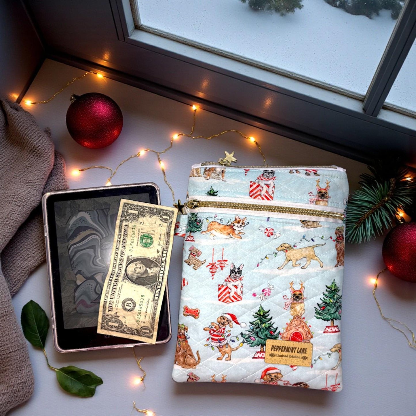 Quilted Kindle Sleeve 9.5×7 – Holiday Dogs – Peppermint Lane Limited Edition E-Reader Case – Slip Pocket + Zipper Pocket – Gold Hardware