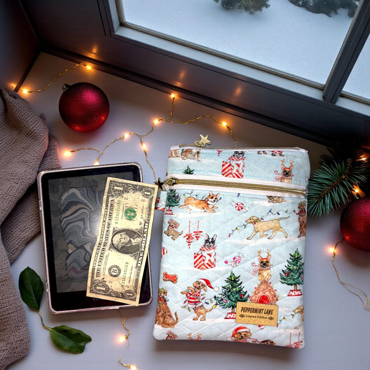 Kindle Sleeve with Pocket, Quilted E Reader Case, Christmas Kindle Cover, Holiday Dogs, Peppermint Lane